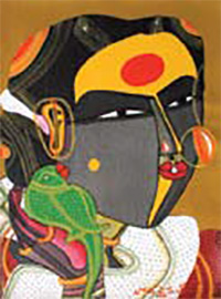 T. Vaikuntam, Single Lady with Parrot, 2008; Acrylic on canvas, 9 x 12''. Priced at Rs. 3,50,000/- (same size work but the parrot makes the difference)