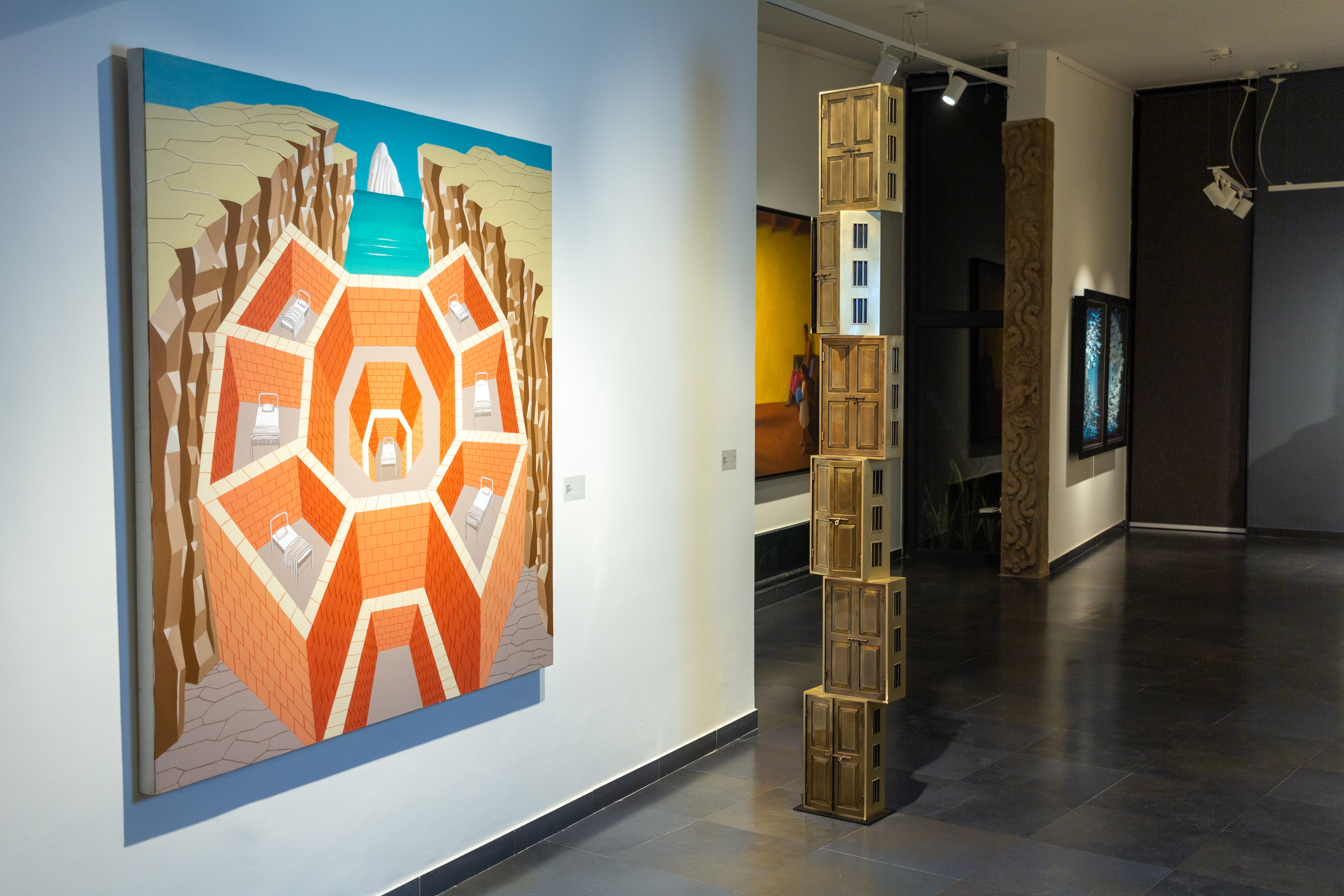 Gigi Scaria, Iceberg, 60 x 60 inches, Acrylic on canvas, 2020 & Lockdown, 90 x 9 x 5 inches, Brass, 2022